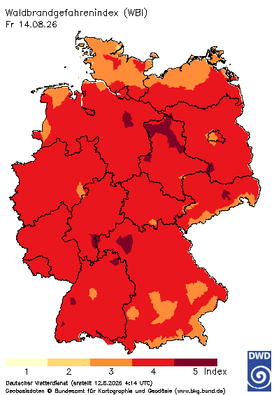Der Waldbrandindex des Deutschen Wetterdienstes (DWD) zeigt für den Großteil Deutschlands eine große Waldbrandgefahr am Freitag, 14. August 2026, voraus.